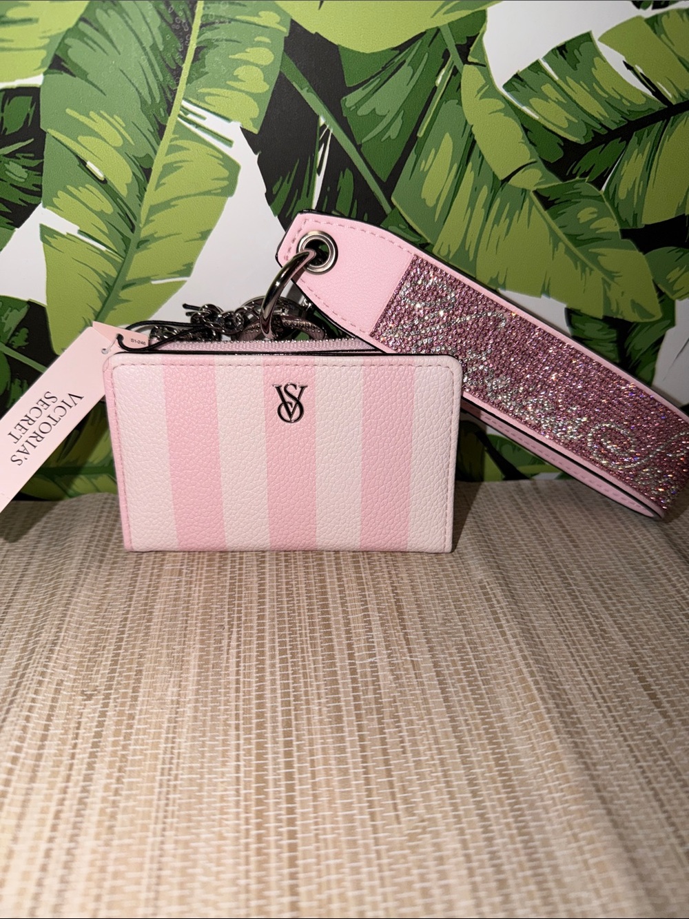 Victoria's Secret Pink Stripe Wristlet Card Case with Glitter Strap